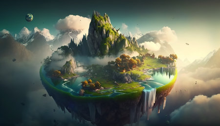 Concept illustration of surreal fairy-tale landscape with a floating island, waterfalls and clouds, a flying fantastic land with greenery and blue water, heaven landscape. Generative AIの素材