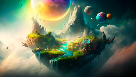 Concept illustration of surreal fairy-tale landscape with a floating island, waterfalls and clouds, a flying fantastic land with greenery and blue water, heaven landscape. Generative AIの素材