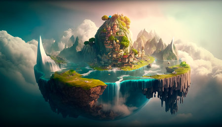 Concept illustration of surreal fairy-tale landscape with a floating island, waterfalls and clouds, a flying fantastic land with greenery and blue water, heaven landscape. Generative AIの素材