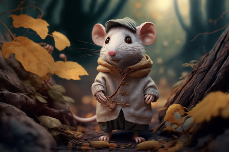 Concept illustration of cartoon white little mouse in clothes, generative AIの素材