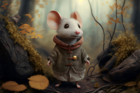 Concept illustration of cartoon white little mouse in clothes, generative AIの素材