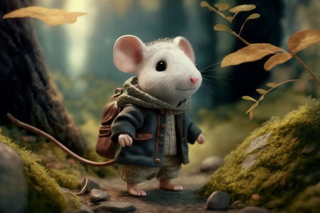 Concept illustration of cartoon white little mouse in clothes, generative AIの素材