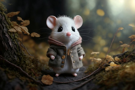 Concept illustration of cartoon white little mouse in clothes, generative AIの素材
