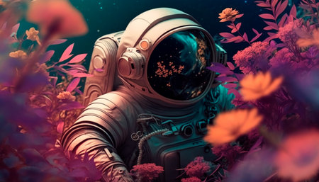 Concept illustration of a beautiful astronaut making his way through a thicket of flowers on another planet. Generative AIの素材