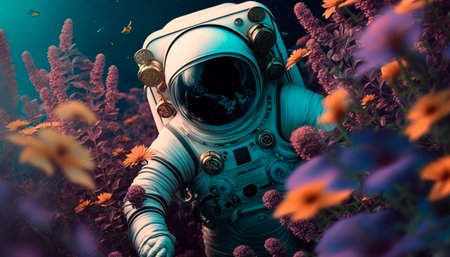 Concept illustration of a beautiful astronaut making his way through a thicket of flowers on another planet. Generative AIの素材