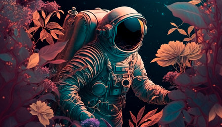 Concept illustration of a beautiful astronaut making his way through a thicket of flowers on another planet. Generative AIの素材