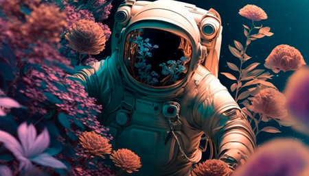 Concept illustration of a beautiful astronaut making his way through a thicket of flowers on another planet. Generative AIの素材