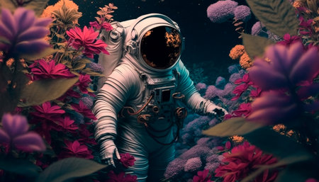 Concept illustration of a beautiful astronaut making his way through a thicket of flowers on another planet. Generative AIの素材