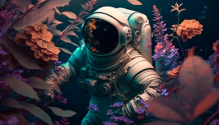 Concept illustration of a beautiful astronaut making his way through a thicket of flowers on another planet. Generative AIの素材
