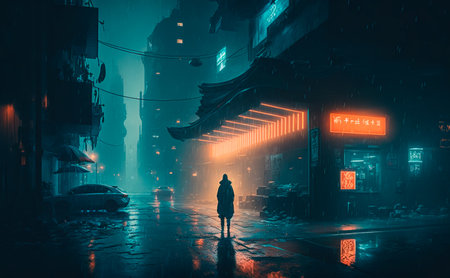 Concept illustration of cyberpunk futuristic city. Dark rainy day with skyscrapers. Dystopian future with neon signs and light. Advanced technological metropolis, Digital illustration sci fi cityscape. Generative AIの素材