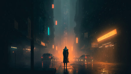 Concept illustration of cyberpunk futuristic city. Dark rainy day with skyscrapers. Dystopian future with neon signs and light. Advanced technological metropolis, Digital illustration sci fi cityscape. Generative AIの素材