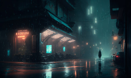 Concept illustration of cyberpunk futuristic city. Dark rainy day with skyscrapers. Dystopian future with neon signs and light. Advanced technological metropolis, Digital illustration sci fi cityscape. Generative AIの素材