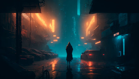 Concept illustration of cyberpunk futuristic city. Dark rainy day with skyscrapers. Dystopian future with neon signs and light. Advanced technological metropolis, Digital illustration sci fi cityscape. Generative AIの素材