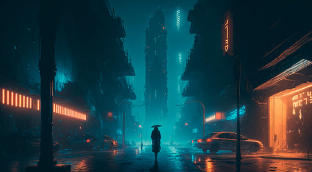 Concept illustration of cyberpunk futuristic city. Dark rainy day with skyscrapers. Dystopian future with neon signs and light. Advanced technological metropolis, Digital illustration sci fi cityscape. Generative AIの素材