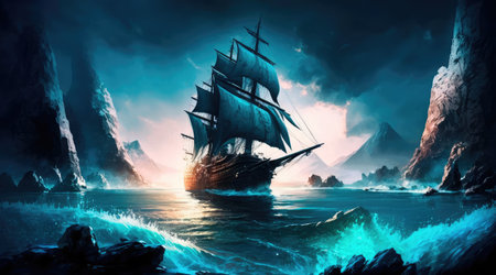 Concept illustration of an old ship is sailing on the sea. Seascape. book illustration. A scene from a video game. Serious digital painting. Generative AIの素材