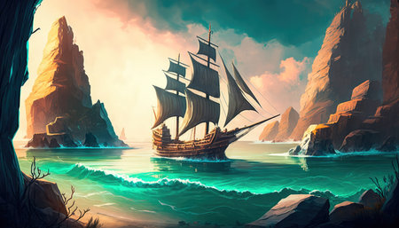Concept illustration of an old ship is sailing on the sea. Seascape. book illustration. A scene from a video game. Serious digital painting. Generative AIの素材