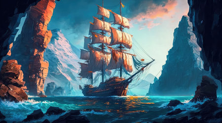 Concept illustration of an old ship is sailing on the sea. Seascape. book illustration. A scene from a video game. Serious digital painting. Generative AIの素材