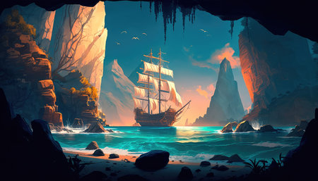 Concept illustration of an old ship is sailing on the sea. Seascape. book illustration. A scene from a video game. Serious digital painting. Generative AIの素材