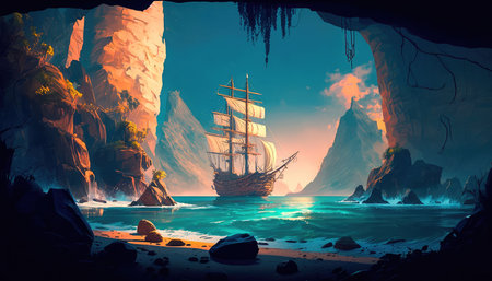 Concept illustration of an old ship is sailing on the sea. Seascape. book illustration. A scene from a video game. Serious digital painting. Generative AIの素材