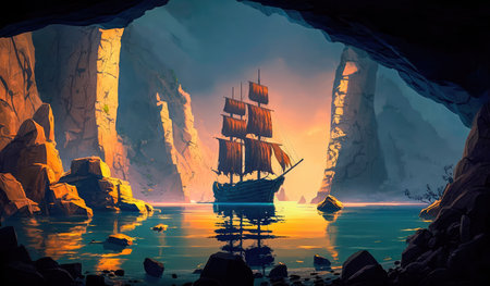 Concept illustration of an old ship is sailing on the sea. Seascape. book illustration. A scene from a video game. Serious digital painting. Generative AIの素材