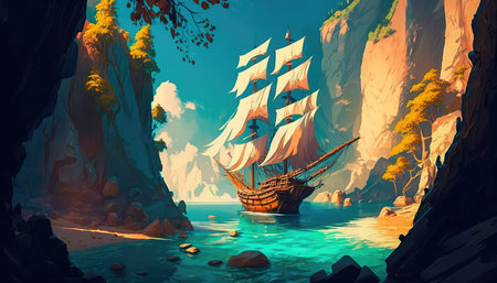 Concept illustration of an old ship is sailing on the sea. Seascape. book illustration. A scene from a video game. Serious digital painting. Generative AIの素材