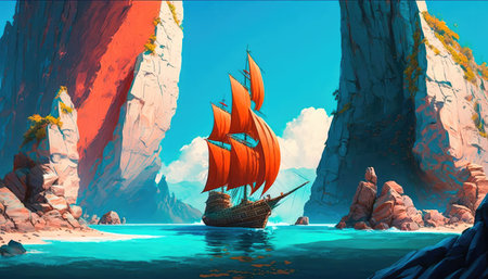 Concept illustration of an old ship is sailing on the sea. Seascape. book illustration. A scene from a video game. Serious digital painting. Generative AIの素材