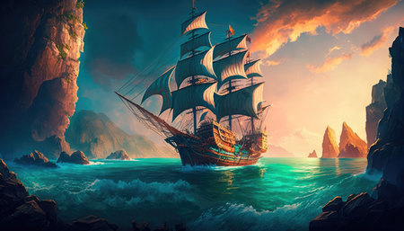 Concept illustration of an old ship is sailing on the sea. Seascape. book illustration. A scene from a video game. Serious digital painting. Generative AIの素材