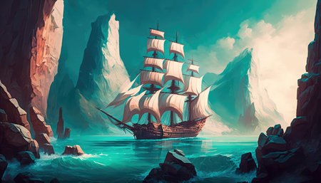 Concept illustration of an old ship is sailing on the sea. Seascape. book illustration. A scene from a video game. Serious digital painting. Generative AIの素材