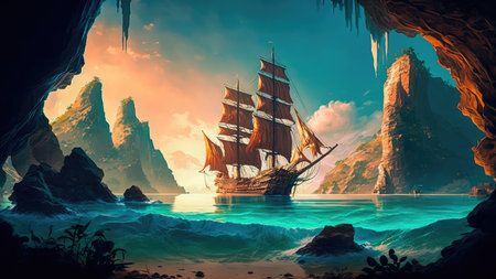Concept illustration of an old ship is sailing on the sea. Seascape. book illustration. A scene from a video game. Serious digital painting. Generative AIの素材