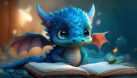 Concept illustration of charming cute baby dragon. Realistic illustration of a fantasy background concept art. Generative AIの素材
