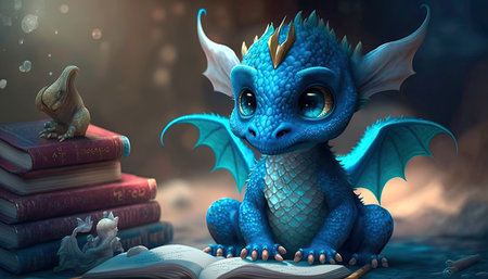 Concept illustration of charming cute baby dragon. Realistic illustration of a fantasy background concept art. Generative AIの素材