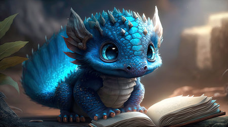 Concept illustration of charming cute baby dragon. Realistic illustration of a fantasy background concept art. Generative AIの素材