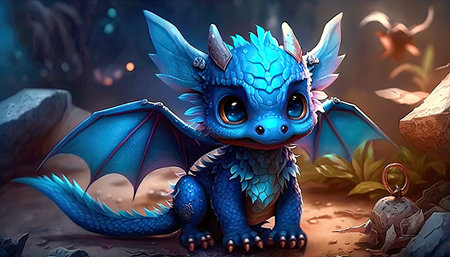 Concept illustration of charming cute baby dragon. Realistic illustration of a fantasy background concept art. Generative AIの素材