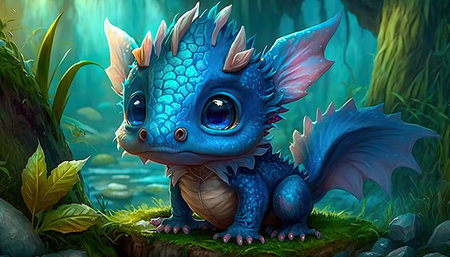 Concept illustration of charming cute baby dragon. Realistic illustration of a fantasy background concept art. Generative AIの素材