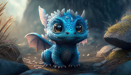 Concept illustration of charming cute baby dragon. Realistic illustration of a fantasy background concept art. Generative AIの素材