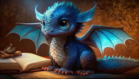 Concept illustration of charming cute baby dragon. Realistic illustration of a fantasy background concept art. Generative AIの素材