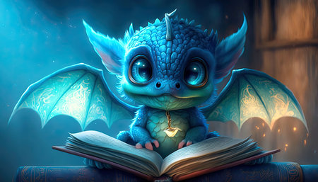 Concept illustration of charming cute baby dragon. Realistic illustration of a fantasy background concept art. Generative AIの素材