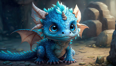 Concept illustration of charming cute baby dragon. Realistic illustration of a fantasy background concept art. Generative AIの素材