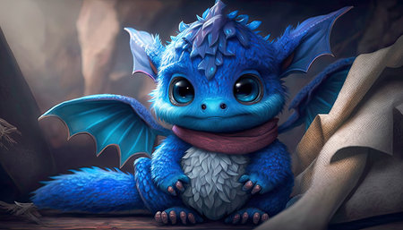 Concept illustration of charming cute baby dragon. Realistic illustration of a fantasy background concept art. Generative AIの素材