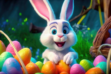 Concept illustration of cute easter bunny smiling surrounded by easter eggs, cartoon style. Generative AIの素材