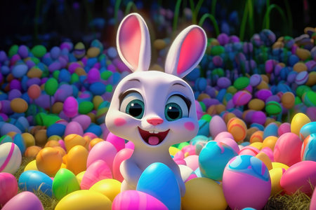 Concept illustration of cute easter bunny smiling surrounded by easter eggs, cartoon style. Generative AIの素材