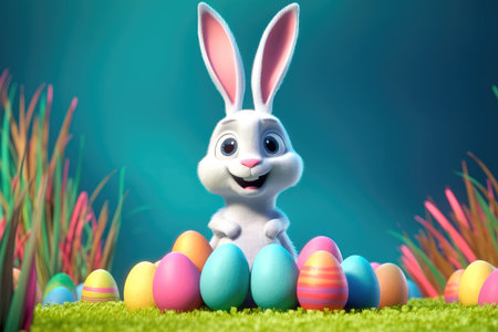 Concept illustration of cute easter bunny smiling surrounded by easter eggs, cartoon style. Generative AIの素材