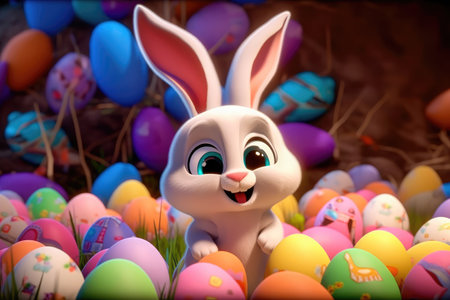 Concept illustration of cute easter bunny smiling surrounded by easter eggs, cartoon style. Generative AIの素材