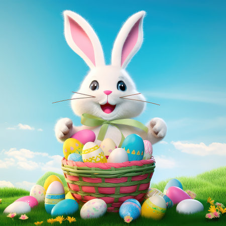 Concept illustration of cute easter bunny smiling surrounded by easter eggs, cartoon style. Generative AIの素材