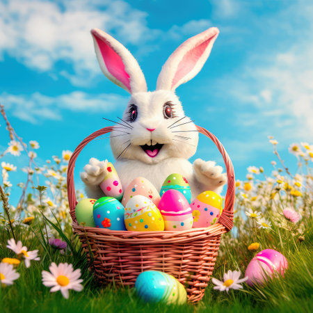 Concept illustration of cute easter bunny smiling surrounded by easter eggs, cartoon style. Generative AIの素材
