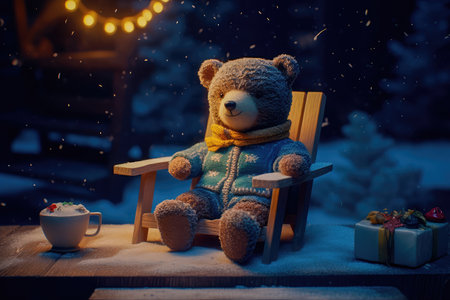 Concept illustration of a tiny bear sitting on a wooden chair by the fire with a cup of hot chocolate, starry night, magic snow background. Generative AIの素材