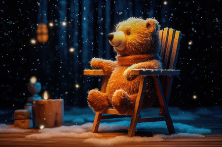 Concept illustration of a tiny bear sitting on a wooden chair by the fire with a cup of hot chocolate, starry night, magic snow background. Generative AIの素材