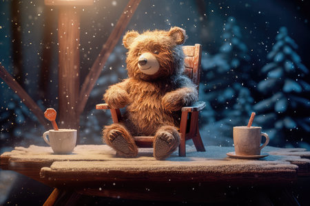 Concept illustration of a tiny bear sitting on a wooden chair by the fire with a cup of hot chocolate, starry night, magic snow background. Generative AIの素材