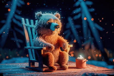 Concept illustration of a tiny bear sitting on a wooden chair by the fire with a cup of hot chocolate, starry night, magic snow background. Generative AIの素材