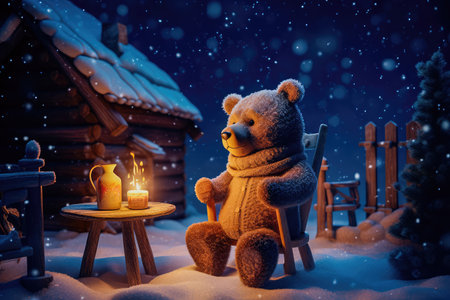 Concept illustration of a tiny bear sitting on a wooden chair by the fire with a cup of hot chocolate, starry night, magic snow background. Generative AIの素材